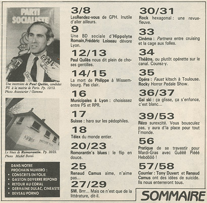 Sommaire du Gai Pied Hebdo n° 56