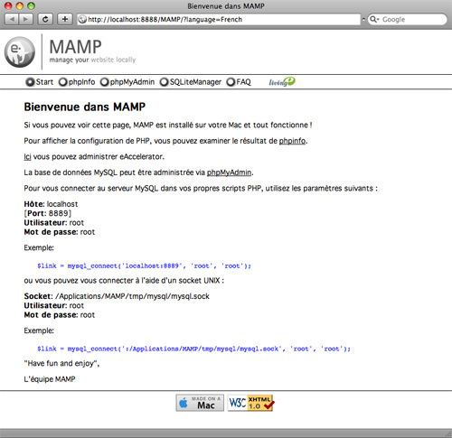 Page d'accueil de MAMP.