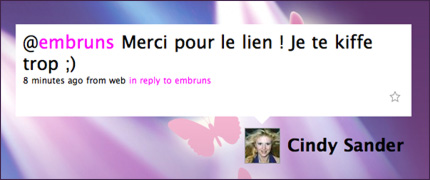 Merci pour le lien ! Je te kiffe trop. Cindy Sander.