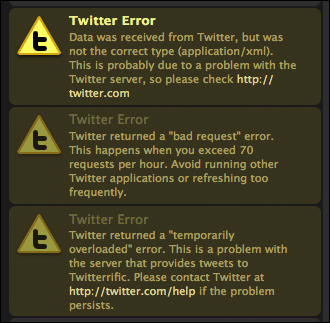 Messages d'erreur de Twitter.