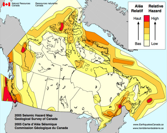 Carte du risque sismique au Canada.