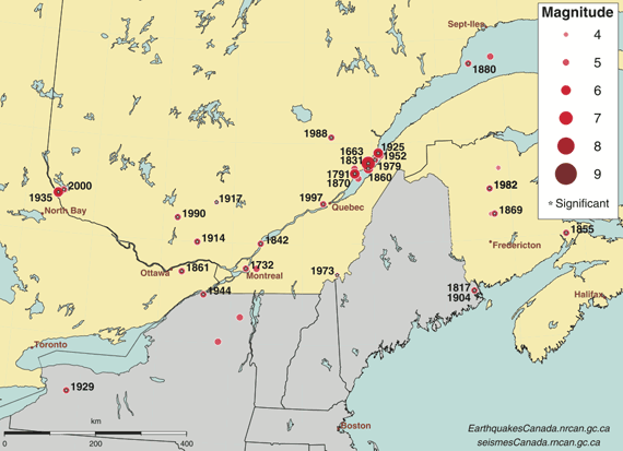 Carte des séismes significatifs au Québec.