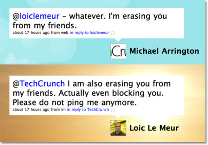 Échanges entre Michael Arrington et Loïc Le Meur sur Twitter.