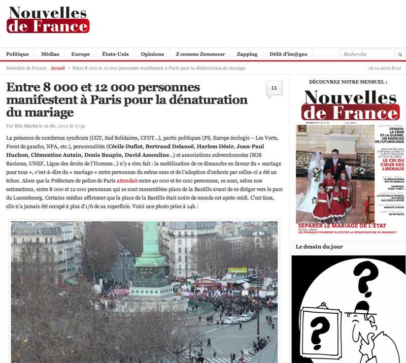 Entre 8 000 et 12 000 personnes manifestent à Paris pour la dénaturation du mariage