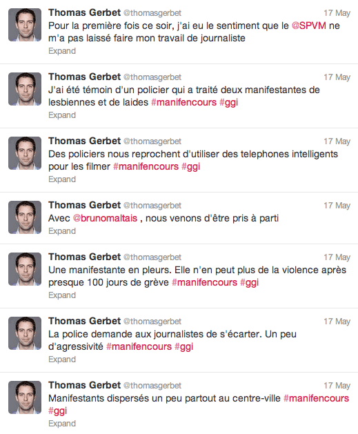 Tweets de Thomas Gerbet dans la nuit du 16 au 17 mai.